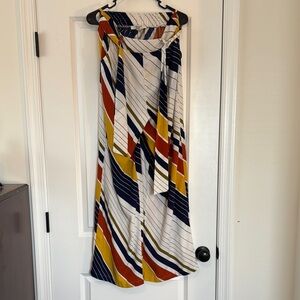 White and Yellow Maxi Wrap Pants with Asymmetrical Tie Front for Casual